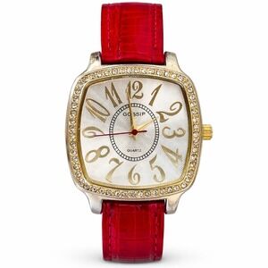 GossipGSP662B Womens Watch Red Leather Strap Rhinestone Bezel Silver Dial Quartz
